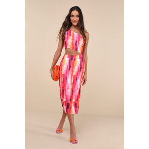 Lulus Luminous Vibes Hot Pink Abstract One-shoulder Cutout Midi Dress - Size S